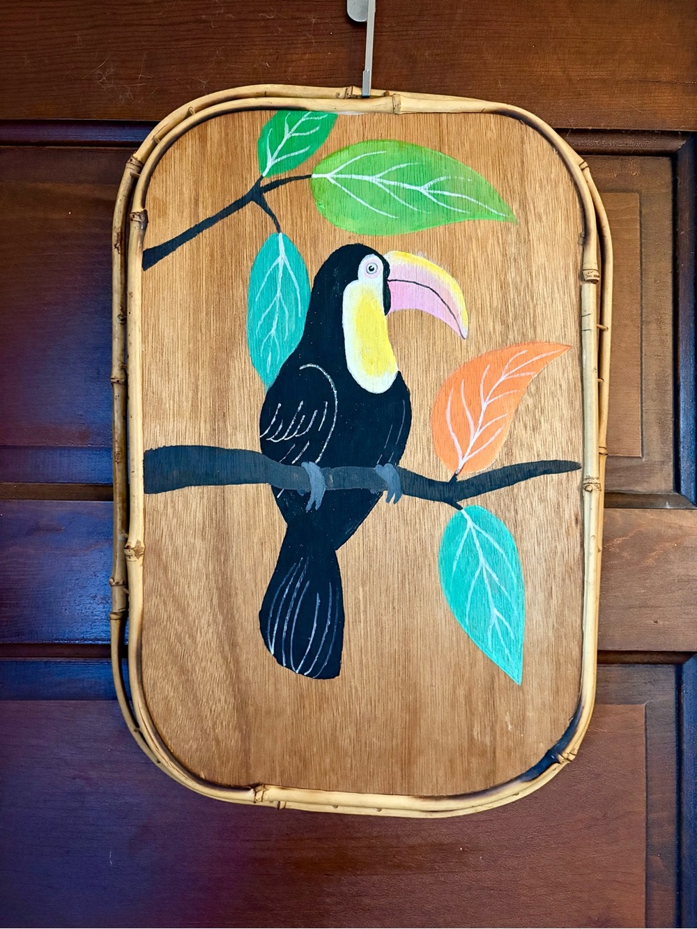 Hand-Painted Black Toucan Bird Wall Art on MCM Bamboo Tray